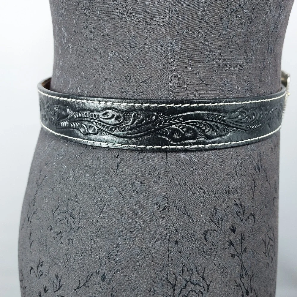 Western Tooled Leather Belt Youth L 28/30 Black Square Silver Steer Buckle
